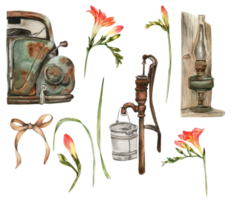Watercolor illustration set of old rusty elements with freesia flowers. png