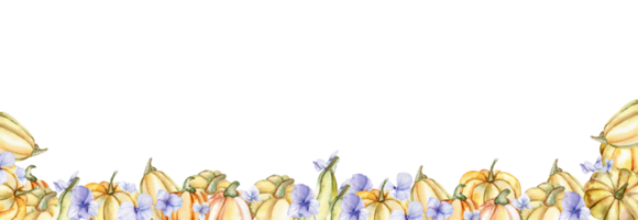 Watercolor horizontal seamless background with blue hydrangea and pumpkins. png