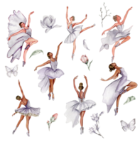 Watercolor dancing ballerina with butterfly set. png