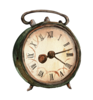 Watercolor illustration of old rusty green clock. png