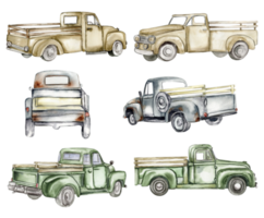 Vintage watercolor trucks, hand drawn illustration of old retro car . png