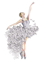 Watercolor dancing ballerina with butterfly and magnolia. png