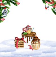 composizione per Natale. i regali, cupcake, torta, biscotti, abete rami.acquerello mano disegnato illustrazione. inverno vacanza. png