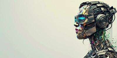 Profile portrait of robot bot ai with connected glasses white background. Synthetic humanoid robot, artificial intelligence.Portrait of gynoid,futuristic cyborg. Banner with space for text, copy space photo