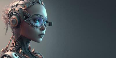 Profile portrait of robot bot ai with connected glasses white background. Synthetic humanoid robot, artificial intelligence.Portrait of gynoid,futuristic cyborg. Banner with space for text, copy space photo