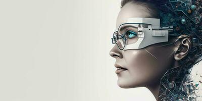 Profile portrait of robot bot ai with connected glasses white background. Synthetic humanoid robot, artificial intelligence.Portrait of gynoid,futuristic cyborg. Banner with space for text, copy space photo