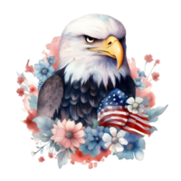 Watercolor illustration of an eagle with a american flag. png