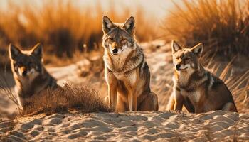 Wilderness beauty Majestic wolf pack in sunset generated by AI photo