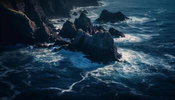 Majestic rock cliffs break waves at sunset generated by AI photo