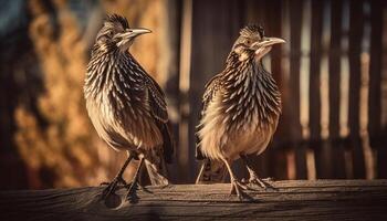 Young rooster standing on branch, hawk eyeing generated by AI photo