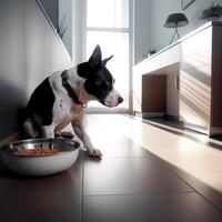 mascota enfermedades, triste perro se sienta siguiente a un lleno cuenco de alimento, a hogar, ai generado foto