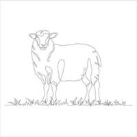 Sheep in one continuous line drawing. Sheep icon. Lamb in the grass line art icon concept. Trendy sheep with grass single line draw design illustration. Vector illustration