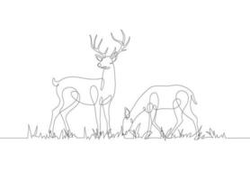 Deer linear icon. A pair of deer with grass in continuous line art drawing style. Continuous line drawing of deer with grass. Deer in abstract and minimalist linear icon. Vector illustration