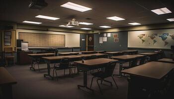 moderno salón de clases con vacío escritorios y sillas generado por ai foto