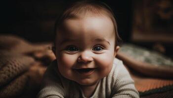 alegre bebé chico sonriente, mirando a cámara generado por ai foto