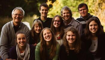 Happy group of friends bonding in nature generated by AI photo