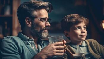 Father and son smile, bonding over drinks generated by AI photo