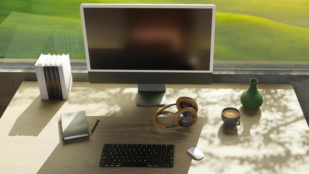 On the working table create from 3D reder program photo