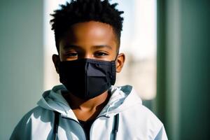 A black boy wearing protective mask. COVID 19. Mask-Wearing with Confidence. photo