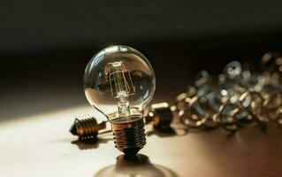 Light bulb and many other incandescent bulbs on a dark background photo