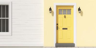 A small white house with yellow door photo