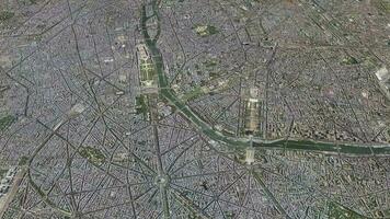 Satellite Paris map background loop. Spinning around France city air footage. Seamless panorama rotating over downtown backdrop. video