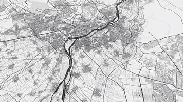 Black and white Cairo map background loop. Spinning around Egypt city air footage. Seamless panorama rotating over downtown backdrop. video