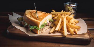 Sandwich with fries and sauce photo