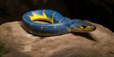 A snake with bright yelllow eyes and blue body photo