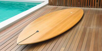 wooden board on a deck next to pool photo