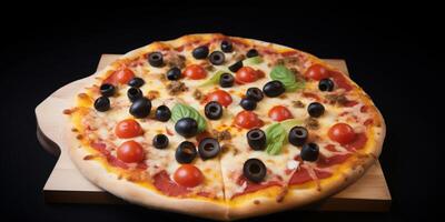 A pizza with tomatoes and olives photo