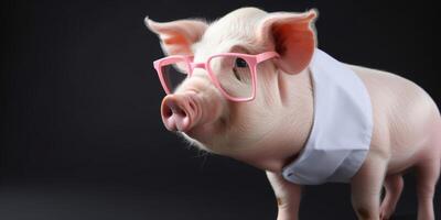 Pig wearing a lab coat with glasses photo