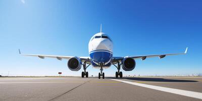 Plane on a runway with sky in the background photo