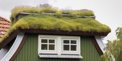 un pequeño casa con un verde techo y un ventana ai generado foto