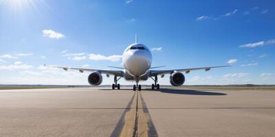 Plane on a runway with sky in the background photo