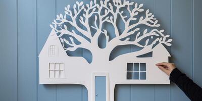 Paper cut out of a house with a tree photo