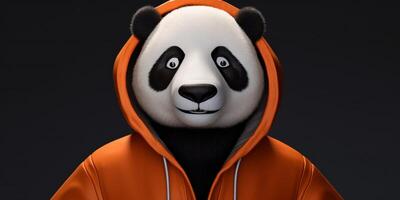 panda con naranja chaqueta y capucha ai generado foto