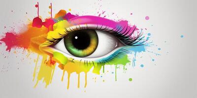 Rainbow colored eye with paint splatters photo