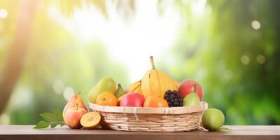 frutas cesta en un de madera mesa con difuminar selva antecedentes ai generado foto