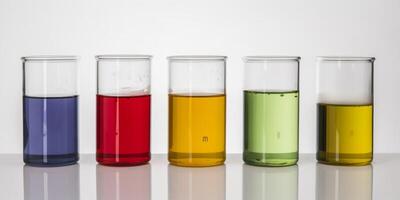 Row of beakers with different colors in it photo