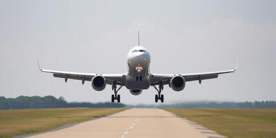 Plane on a runway with sky in the background photo