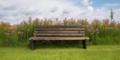 de madera banco con un campo de flores en antecedentes ai generado foto