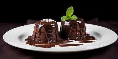 Plate of chocolate dessert with chocolate syrup photo