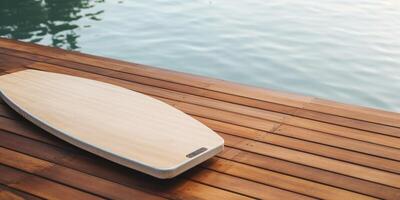 wooden board on a deck next to pool photo