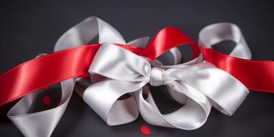 Silver ribbon with red hearts photo