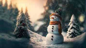 small snowman at winter day in front of fir forest - closeup with selective focus and bokeh, neural network generated art photo