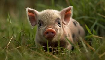 Cute piglet grazes in green meadow outdoors generated by AI photo