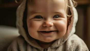 Toothy smiling toddler, cute and playful outdoors generated by AI photo