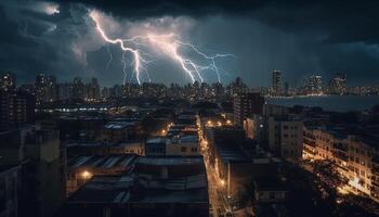 electricidad ilumina ciudad en peligroso tormenta clima generado por ai foto