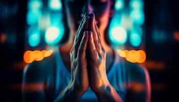 Praying to God in glowing illuminated spirituality generated by AI photo